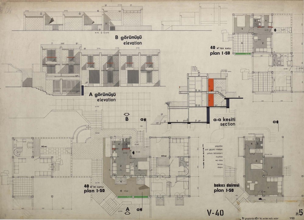 V gruplarda 40 m² iki ve tek katlı evler, planlar, kesit ve görünüşler