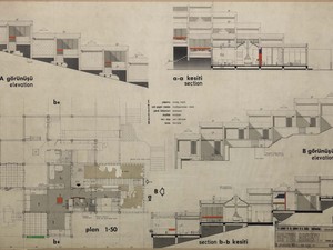 I gruplarda 90 m² tek katlı ev, plan, kesitler ve görünüşler