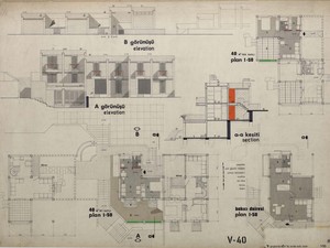V gruplarda 40 m² iki ve tek katlı evler, planlar, kesit ve görünüşler