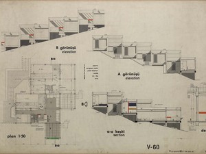 V gruplarda 60 m² tek katlı ev, plan, görünüşler, kesit ve detay