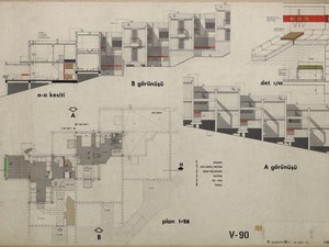 V gruplarda 90 m² iki katlı ev, planlar, görünüşler ve kesitler